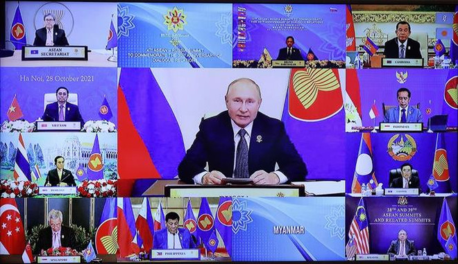 Lãnh đạo các nước ASEAN và Nga tham dự Hội nghị theo hình thức trực tuyến. (Ảnh: Dương Giang/TTXVN) ASEAN-Nga tăng hợp tác khoa học-kỹ thuật và công nghiệp trong năm 2022 ảnh 2