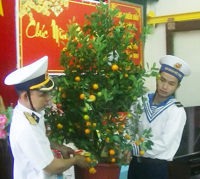 Các chiến sỹ chăm sóc quất trên nhà giàn. (Ảnh: Quang Vinh/Vietnam+) Ra nhà giàn mùa biển động: Tết của những người “chân không chạm đất” ảnh 2