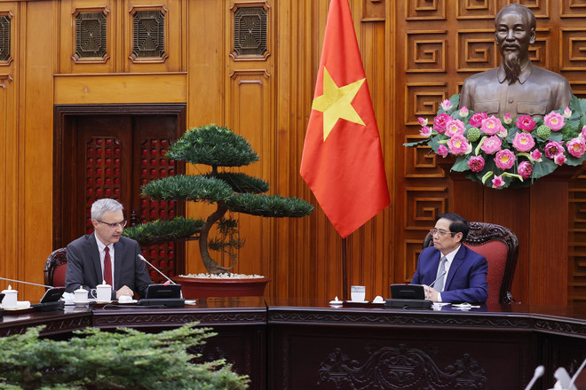 Thủ tướng Phạm Minh Chính tiếp Đại sứ Pháp Nicolas Warnery. (Ảnh: Dương Giang/TTXVN) Thủ tướng Phạm Minh Chính tiếp Đại sứ Cộng hòa Pháp tại Việt Nam ảnh 1