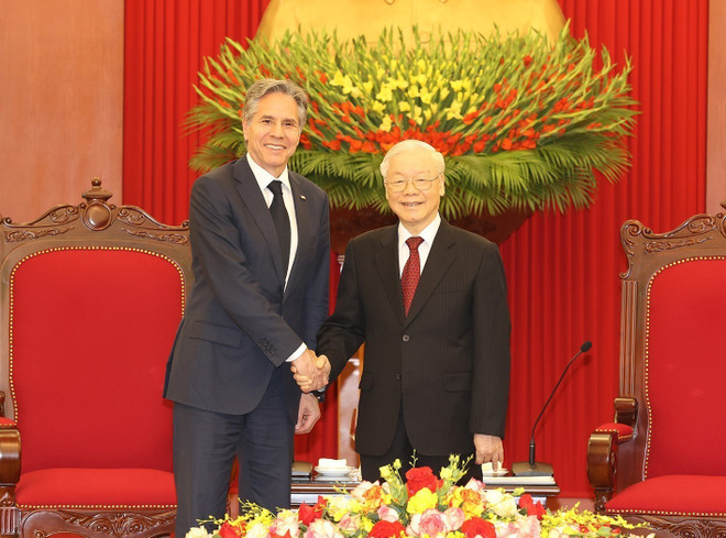 Tổng Bí thư Nguyễn Phú Trọng và Bộ trưởng Ngoại giao Hoa Kỳ Antony Blinken. (Ảnh: Trí Dũng/TTXVN) Hình ảnh Tổng Bí thư Nguyễn Phú Trọng tiếp Bộ trưởng Ngoại giao Hoa Kỳ ảnh 2