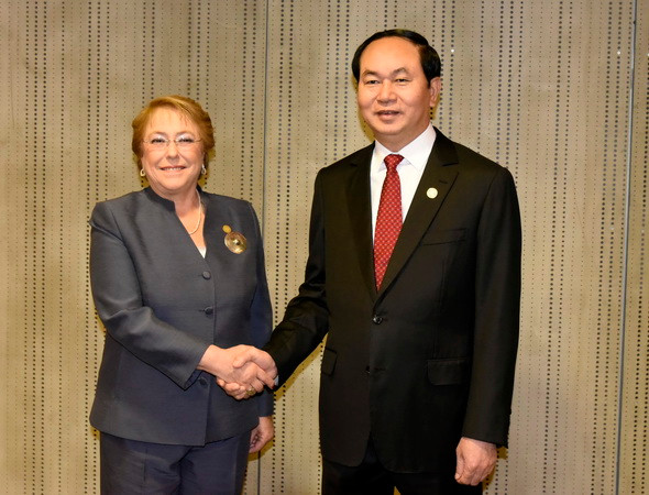 Chủ tịch nước Trần Đại Quang có cuộc gặp cấp cao với Tổng thống Chile Michelle Bachelet. (Ảnh: TTXVN) Hoạt động song phương của Chủ tịch nước Trần Đại Quang tại Peru ảnh 4