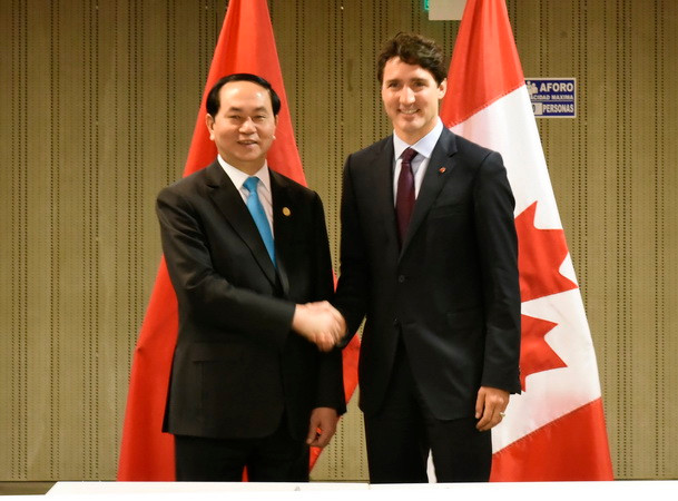 Chủ tịch nước Trần Đại Quang tiếp Thủ tướng Canada Justin Trudeau. (Ảnh: Nhan Sáng/TTXVN) Hoạt động song phương của Chủ tịch nước Trần Đại Quang tại Peru ảnh 5