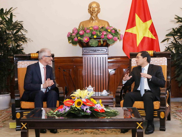Thứ trưởng Thường trực Bộ Ngoại giao Bùi Thanh Sơn (phải) tiếp Thủ hiến vùng Flanders Vương Quốc Bỉ Geert Bourgeois. (Ảnh: Phương Hoa/TTXVN) Vùng Flanders của Bỉ muốn đẩy mạnh hợp tác nhiều mặt với Việt Nam ảnh 2