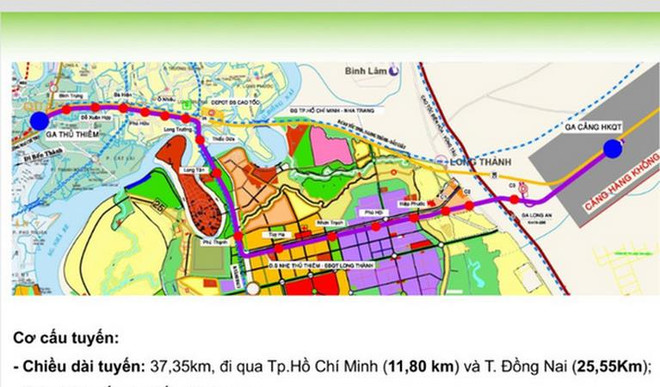 Sơ đồ tuyến đường sắt Thủ Thiêm-Long Thành có chiều dài gần 37,5km. (Ảnh: H.M) Báo cáo tiền khả thi đường sắt kết nối sân bay Long Thành vào năm 2023 ảnh 1