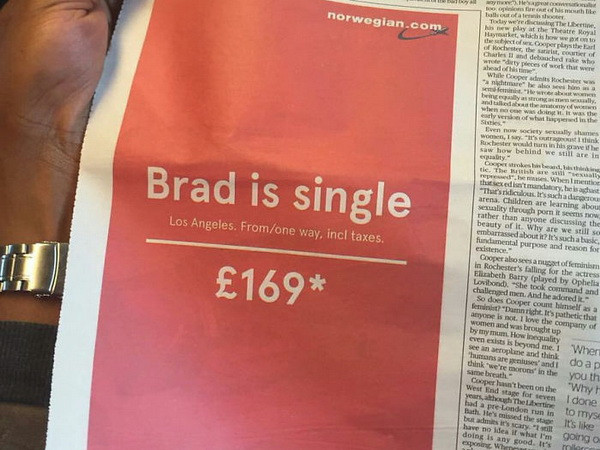 "Brad đang độc thân" - quảng cáo hài hước của hãng hàng không Na Uy ảnh 1