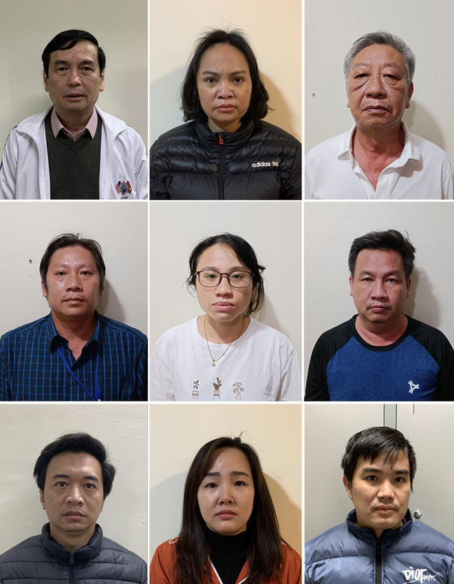 Các bị can: Định; Thắm; Danh; Phong; Xuyên; Cường; Giang; Thúy; Nguyên (lần lượt từ trái sang phải, từ trên xuống dưới). (Nguồn: mps.gov.vn) Vụ Việt Á: Khởi tố thêm các cán bộ Bộ Khoa học Công nghệ và Bộ Y tế ảnh 2