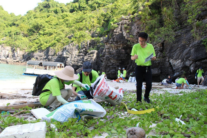 Các nhóm tình nguyện viên chung tay dọn rác trên các đảo Vịnh Hạ Long. (Ảnh: Hùng Võ/Vietnam+) Bộ TN-MT kêu gọi làm sạch môi trường, chống ô nhiễm rác thải nhựa ảnh 1