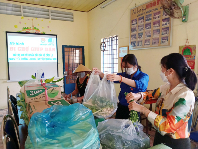 Các tình nguyên viên của mô hình Đi chợ giúp dân đang chuẩn bị các hàng hóa thiết yếu phân bổ đến các hộ dân. (Ảnh: Chanh Đa/TTXVN) “Đi chợ giúp dân” - Mô hình san sẻ yêu thương, đẩy lùi dịch COVID-19 ảnh 1