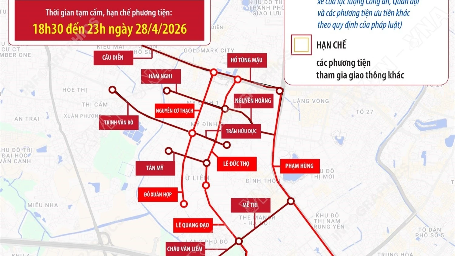 Phân luồng giao thông quanh sân Mỹ Đình tối 28/4 phục vụ chương trình 'Âm vang Tổ quốc'