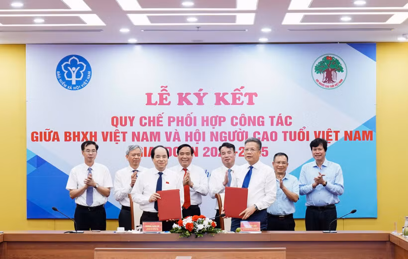 Bảo hiểm xã hội Việt Nam và Hội Người Cao tuổi Việt Nam tổ chức lễ ký Quy chế phối hợp. (Ảnh: PV/Vietnam+)
