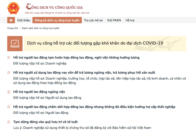 Các dịch vụ công do Bảo hiểm xã hội Việt Nam cung cấp trên dịch vụ công hỗ trợ các đối tượng gặp khó khăn do đại dịch COVID-19. (Ảnh: PV/Vietnam+)
