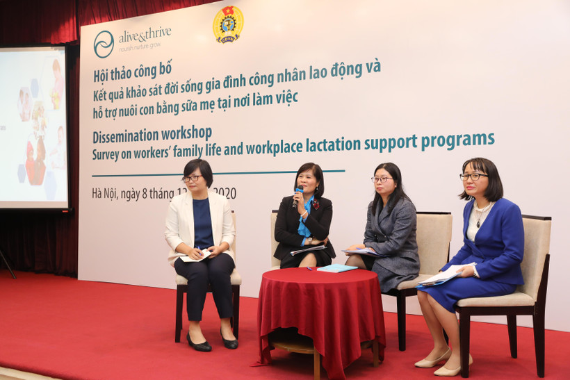 Công bố kết quả khảo sát đời sống gia đình công nhân lao động và tình hình hỗ trợ nuôi con bằng sữa mẹ tại nơi làm việc. (Ảnh: PV/Vietnam+)