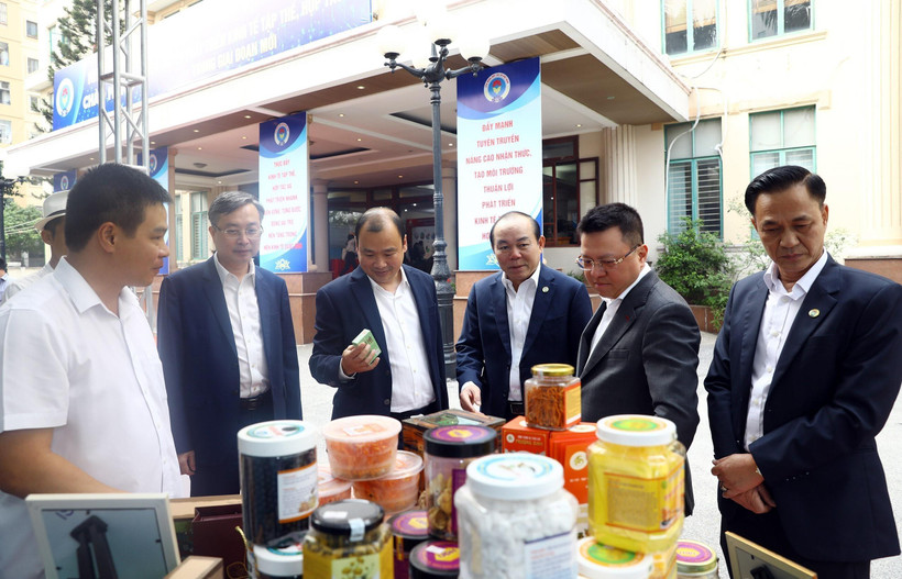 Các đại biểu tham quan khu trưng bày sản phẩm của các hợp tác xã. (Ảnh: Huy Hùng /TTXVN) 