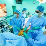 Các bác sỹ Bệnh viện Đại học Y dược Thành phố Hồ Chí Minh thực hiện phẫu thuật nội soi 3D thay van động mạch chủ kết hợp bắc cầu mạch vành. (Ảnh: TTXVN phát)