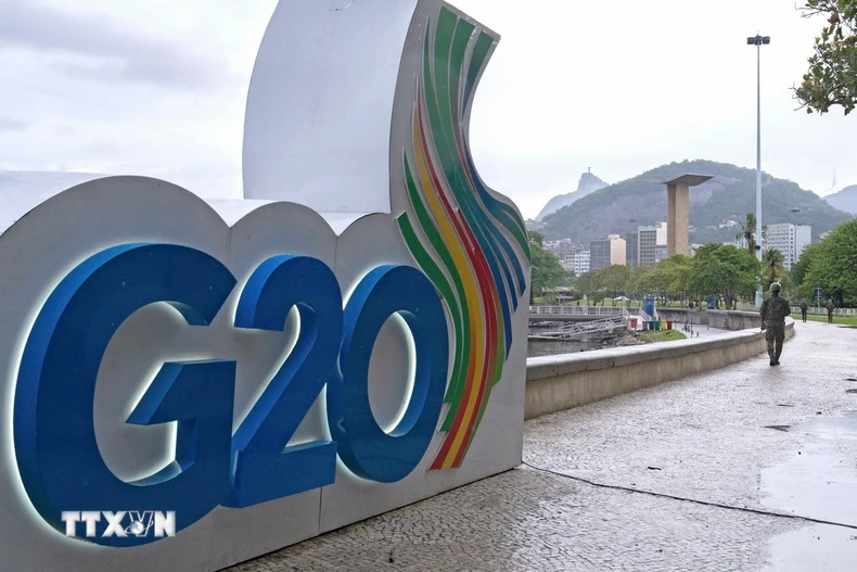 Biểu tượng G20 tại Rio de Janeiro (Brazi) hồi tháng 11/2024. (Ảnh: THX/TTXVN)