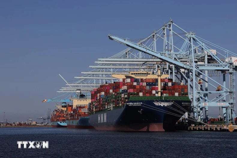 Tàu chở hàng hóa neo tại cảng Los Angeles, California (Mỹ). (Ảnh: THX/TTXVN)