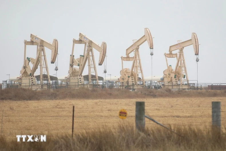 Tháp khoan dầu ở Three Rivers, Texas (Mỹ). (Ảnh: THX/TTXVN)