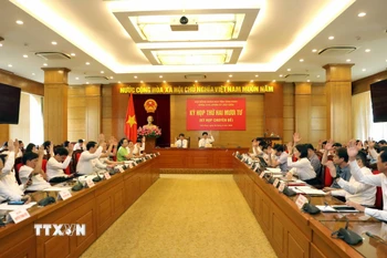 Các đại biểu Hội đồng Nhân dân tỉnh Vĩnh Phúc biểu quyết thông qua các nghị quyết của kỳ họp. (Ảnh: Hoàng Hùng/TTXVN)