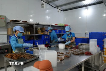 Công nhân chuẩn bị cá mòi kho làng Chài cho dịp Tết. (Ảnh Tiến Vĩnh/TTXVN)