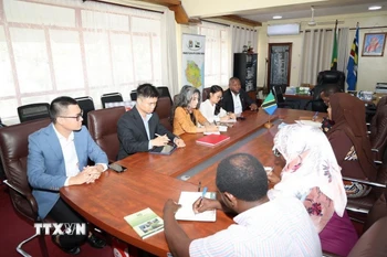 Đại sứ Vũ Thanh Huyền và đoàn công tác tại buổi làm việc cùng Tỉnh trưởng tỉnh Tanga, Tiến sỹ Batilda Salha Burian. (Ảnh: Đại sứ quán Việt Nam tại Tanzania/TTXVN phát)