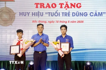 Phó Bí thư Thường trực Tỉnh đoàn Bắc Giang Bùi Văn Hoàng trao tặng Huy hiệu “Tuổi trẻ dũng cảm” cho 2 em là: Phạm Đình Tuấn và Phạm Hoàng Long. (Ảnh: Đồng Thúy/TTXVN)
