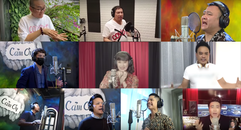 Các nghệ sỹ tham gia MV “Việt Nam ơi, cùng nhau đồng lòng.” (Ảnh: PV/Vietnam+) 