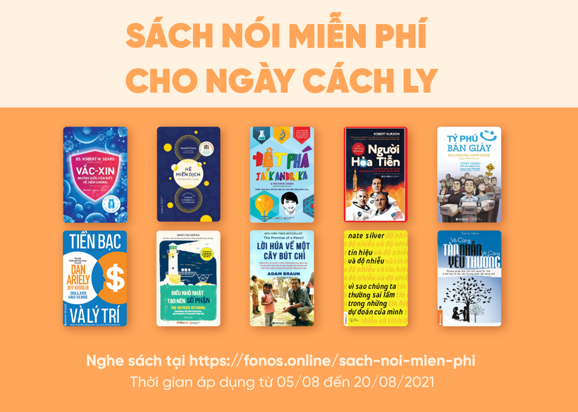 Các tựa sách miễn phí trong chiến dịch tặng sách nói cho độc giả của Fonos và Alpha Books. (Ảnh: Alpha Books)