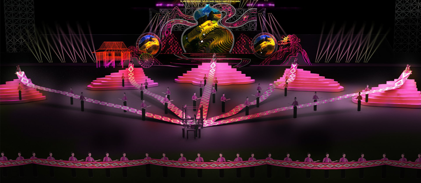 Phối cảnh sân khấu chương trình nghệ thuật tôn vinh xòe Thái. (Ảnh: Newday Media)