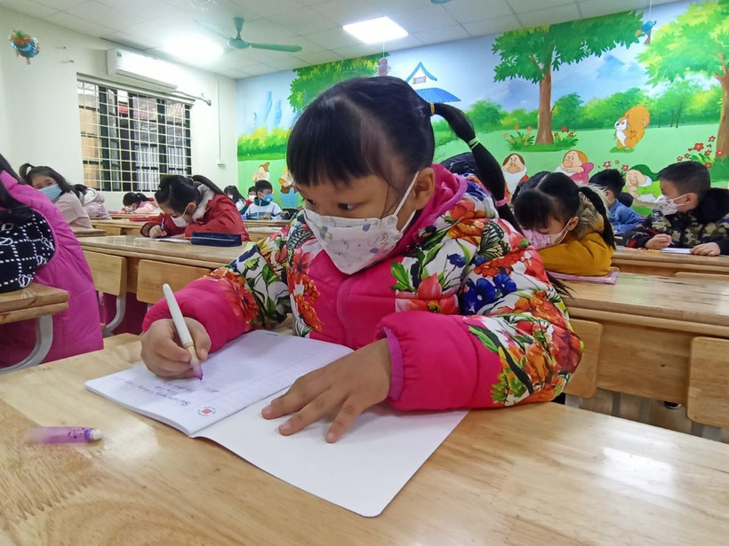 Học sinh Trường Tiểu học Phạm Tu (Thanh Liệt, Hà Nội) đi học trực tiếp trở lại. (Ảnh: Phạm Mai/Vietnam+)