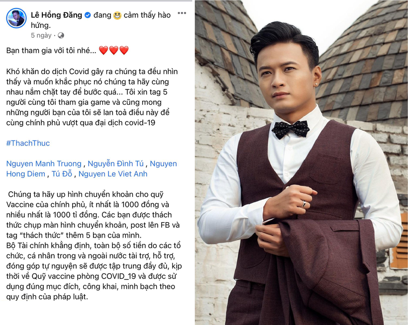 Diễn viên Hồng Đăng kêu gọi bạn bè cùng ủng hộ cho Quỹ vaccine phòng chống COVID-19. (Ảnh chụp màn hình) 
