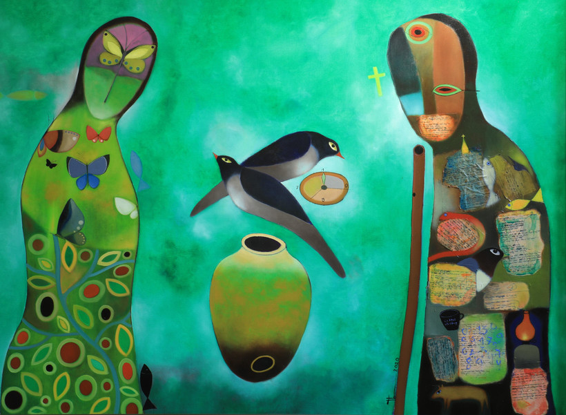 "Người thổi sáo," sơn dẩu trên toan, một trong số 53 bức tranh sẽ được trưng bày tại triển lãm. (Ảnh: NQT)