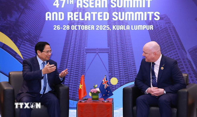 Premiärminister Pham Minh Chinh träffar Nya Zeelands premiärminister Christopher Luxon. (Foto: Duong Giang/VNA) ttxvn-newzealand.jpg