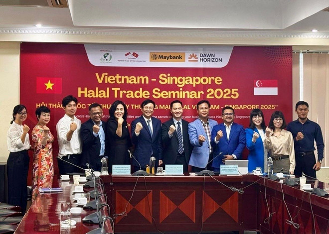 Hội thảo Thương mại Halal Việt Nam - Singapore từ đầu cầu Hà Nội. (Ảnh: TTXVN) singapore-1.jpg