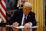 Tổng thống Mỹ Donald Trump ký sắc lệnh tại Nhà Trắng, Washington, D.C. (Ảnh: Getty Images/TTXVN)