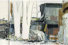 Tác phẩm “Sài Gòn, cây xanh và đổ nát” của nghệ sỹ Freddy Nadolny Poustochkine với chất liệu bột màu trên giấy. (Ảnh: Thanh Vũ/TTXVN)