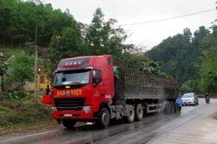 Cán bộ kiểm dịch phun thuốc khử trùng phương tiện lưu thông qua trạm. (Ảnh: Văn Tý/TTXVN) 