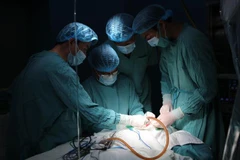 Các bác sỹ đang thực hiện ca phẫu thuật cho cháu bé. (Ảnh: Hồ Cầu/TTXVN)