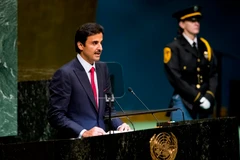 Quốc vương Qatar, Sheikh Tamim bin Hamad al-Thani phát biểu tại phiên họp Đại hội đồng Liên hợp quốc ở New York. Mỹ ngày 25/9. (Ảnh: THX/TTXVN) 
