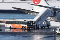 Hành khách rời máy bay Boeing 787 của Japan Airline, sau khi máy bay trượt khỏi đường băng có tuyết tại sân bay Narita ngày 1/2. (Ảnh: AFP)