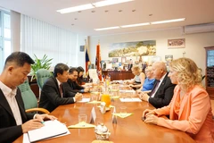 Quang cảnh buổi làm việc giữa Đại sứ Hồ Minh Tuấn và Chủ tịch tỉnh Oldřich Bubeníček. (Ảnh: Hồng Kỳ/Vietnam+)