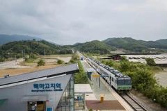 Toàn cảnh tuyến đường sắt Gyeongwon ở nhà ga Baengmagoji thuộc Cheorwon, gần khu vực phi quân sự giữa hai miền Triều Tiên ngày 29/5/2018. (Ảnh: AFP/TTXVN) 