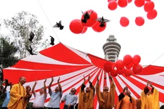 Các đại biểu thả chim hòa bình tại đại lễ cầu siêu anh linh các Anh hùng Liệt sỹ ở Nghĩa trang Liệt sỹ Quốc gia Vị Xuyên. (Ảnh: Minh Tâm-TTXVN)