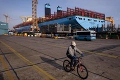 Một tàu chở hàng container đang được đóng mới tại xưởng đóng tàu của Daewoo DSME ở Okpo, cách thành phố Busan của Hàn Quốc khoảng 60km về phía nam. (Ảnh: AFP/TTXVN)