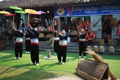 Điệu múa khèn của các chàng trai dân tộc Mông tại Phiên chợ. (Ảnh: Trọng Đạt/TTXVN)