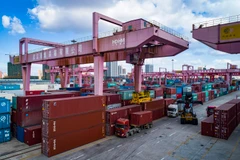 Hàng hóa được xếp tại cảng ở Vũ Hán, tỉnh Hồ Bắc, Trung Quốc. (Ảnh: THX/TTXVN)