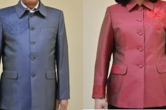 Mẫu áo nam và nữ của nhà thiết kế Thu Hà. (Ảnh do Cục Mỹ thuật, Nhiếp ảnh và Triển lãm cung cấp)