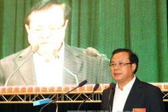 Phạm Quang Nghị, Ủy viên Bộ Chính trị, Bí thư Thành ủy Hà Nội phát biểu khai mạc cuộc diễn tập. (Ảnh: Trọng Đức/TTXVN)