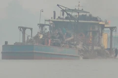 Lợi dụng “tấm bùa” nạo vét, doanh nghiệp đã ngang nhiên sử dụng tàu hút cát công suất lớn để “rút ruột” lòng sông Hồng. (Ảnh: PV/Vietnam+)