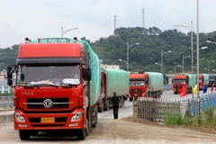 Phương tiện vận chuyển hàng hóa xuất nhập khẩu qua cửa khẩu quốc tế đường bộ số II - Kim Thành. (Ảnh: Doãn Tấn/TTXVN)
