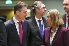 Ngoại trưởng Hà Lan Halbe Zijlstra (trái) và Đại diện cấp cao về chính sách đối ngoại của EU Federica Mogherini (phải) tại cuộc họp ở Brussels ngày 13/11. (Nguồn: AFP/TTXVN)